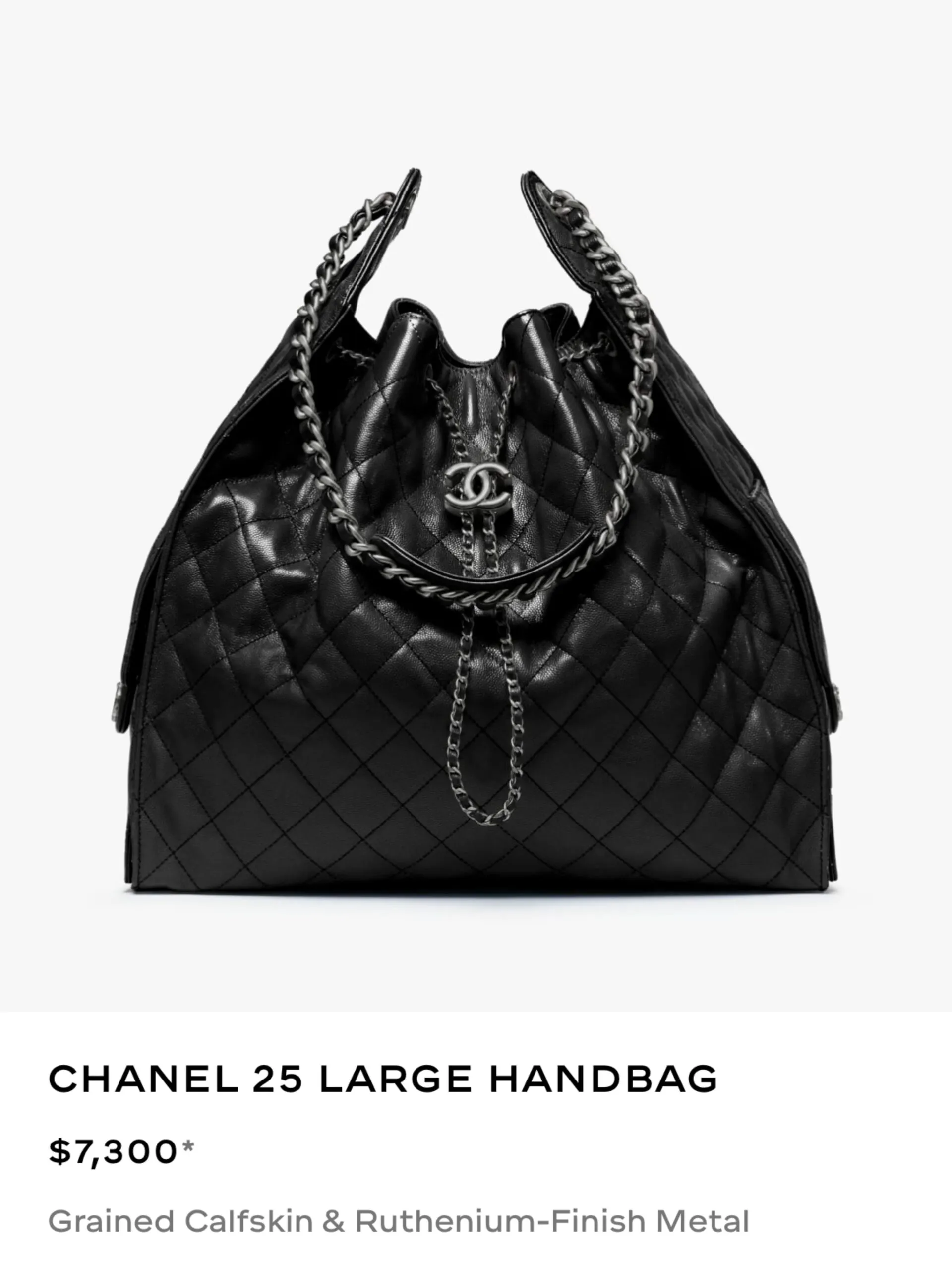 Chanel 25 Large in black grained calfskin with ruthenium-finish hardware, listed at $7,300