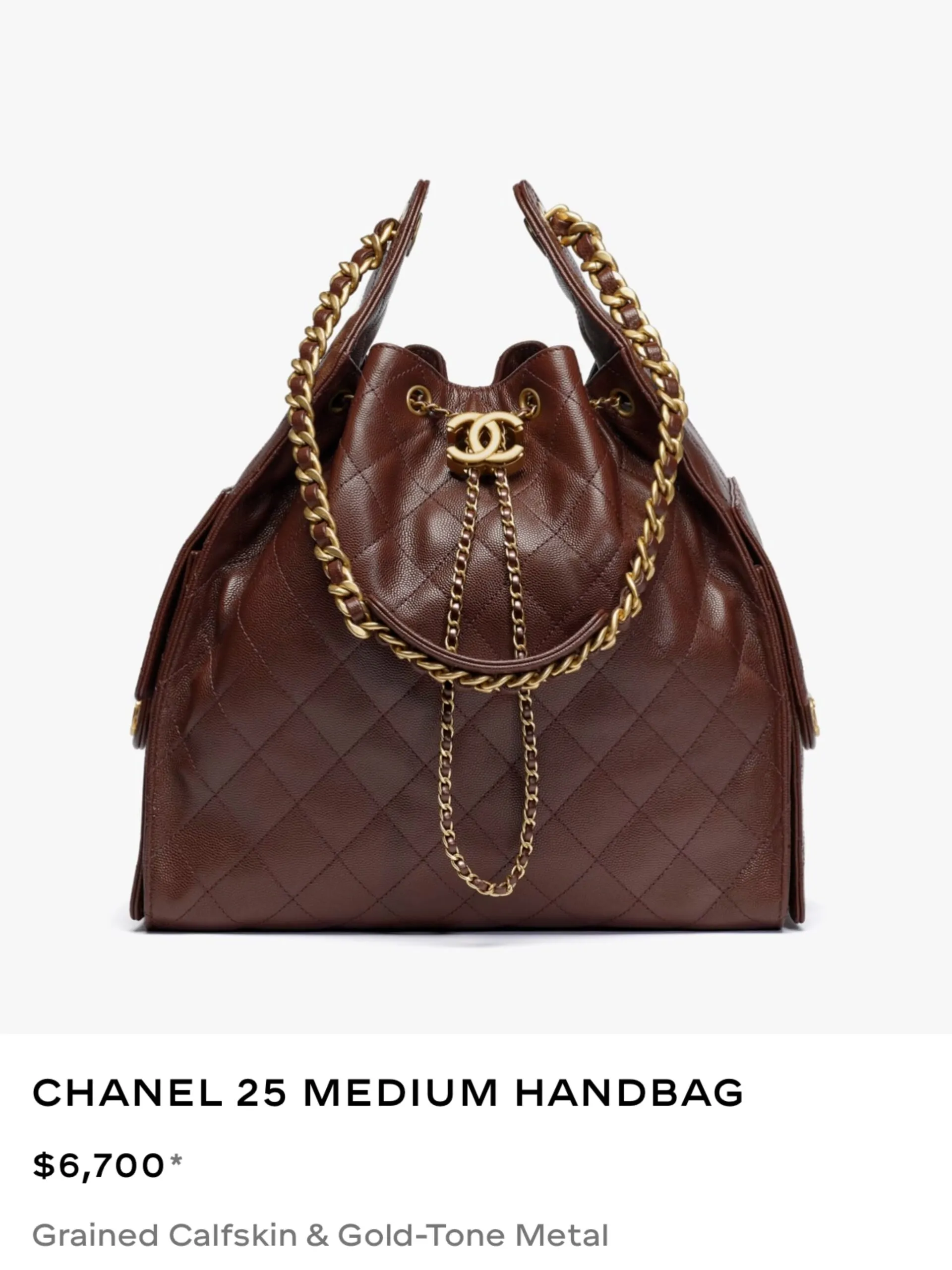 Chanel 25 Medium in dark brown grained calfskin with gold-tone chain, listed at $6,700