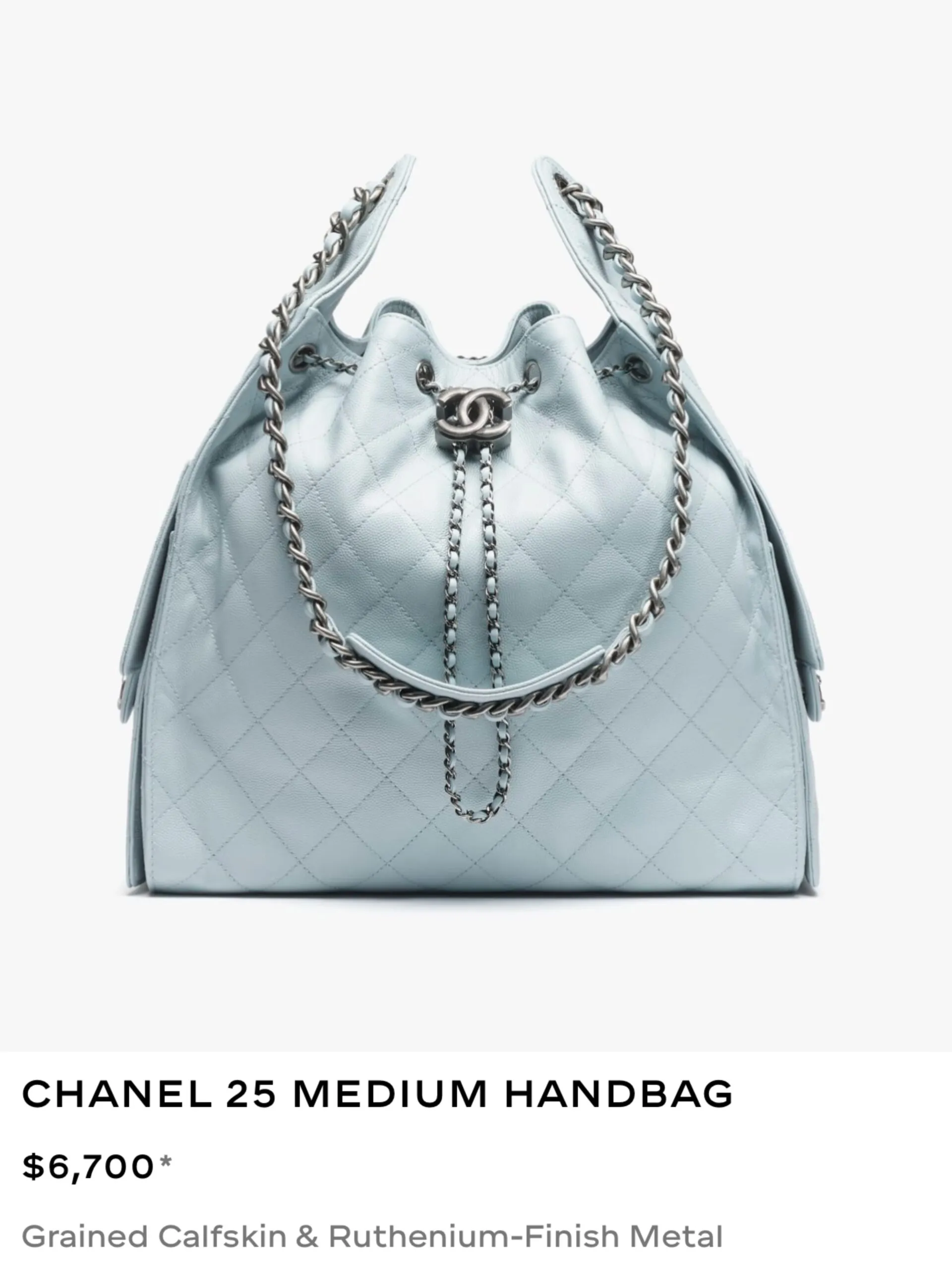 Chanel 25 Medium in ice blue grained calfskin with ruthenium-finish hardware, listed at $6,700