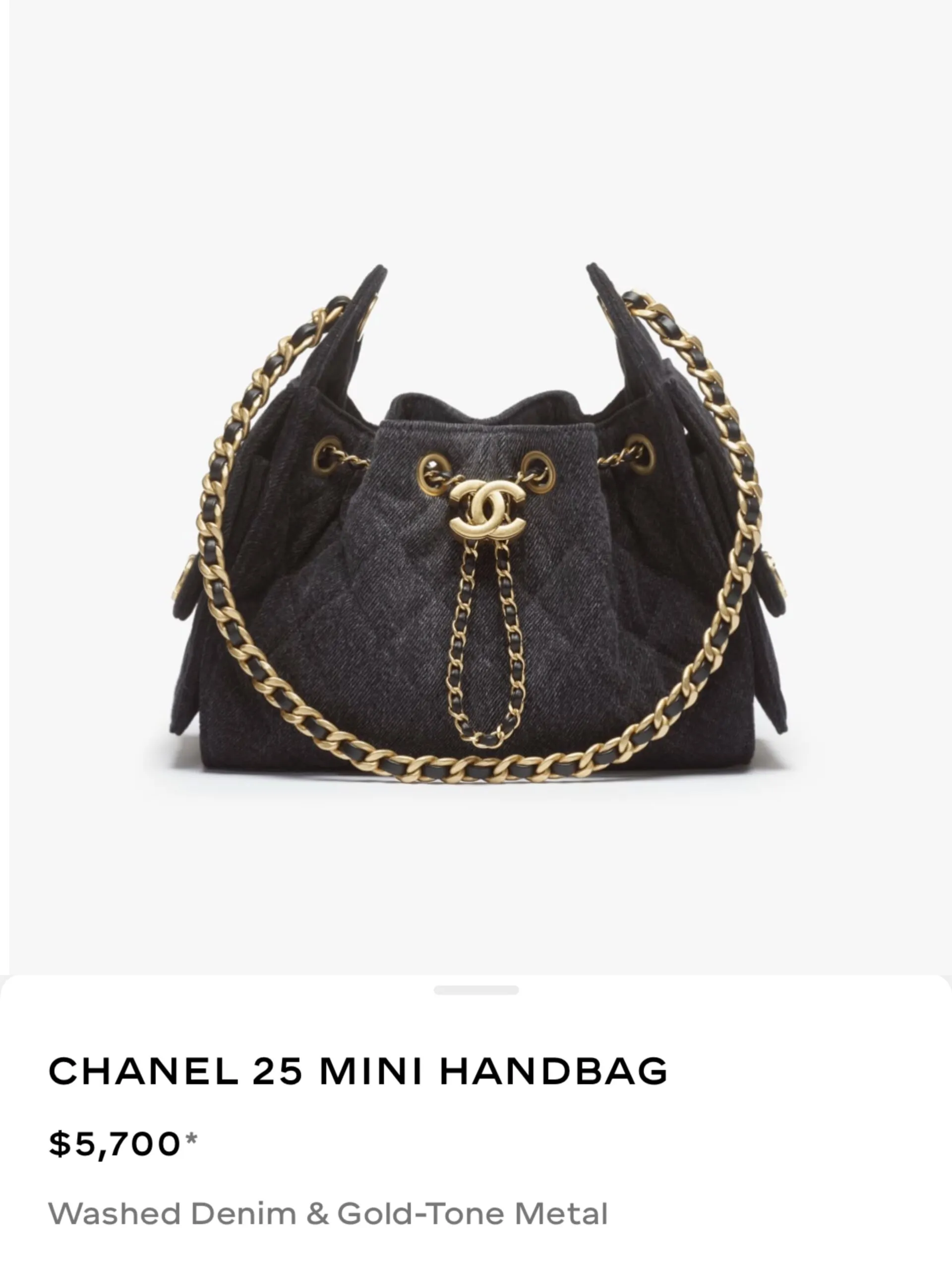 Chanel 25 Mini in black washed denim with gold-tone chain, the line’s entry price at $5,700