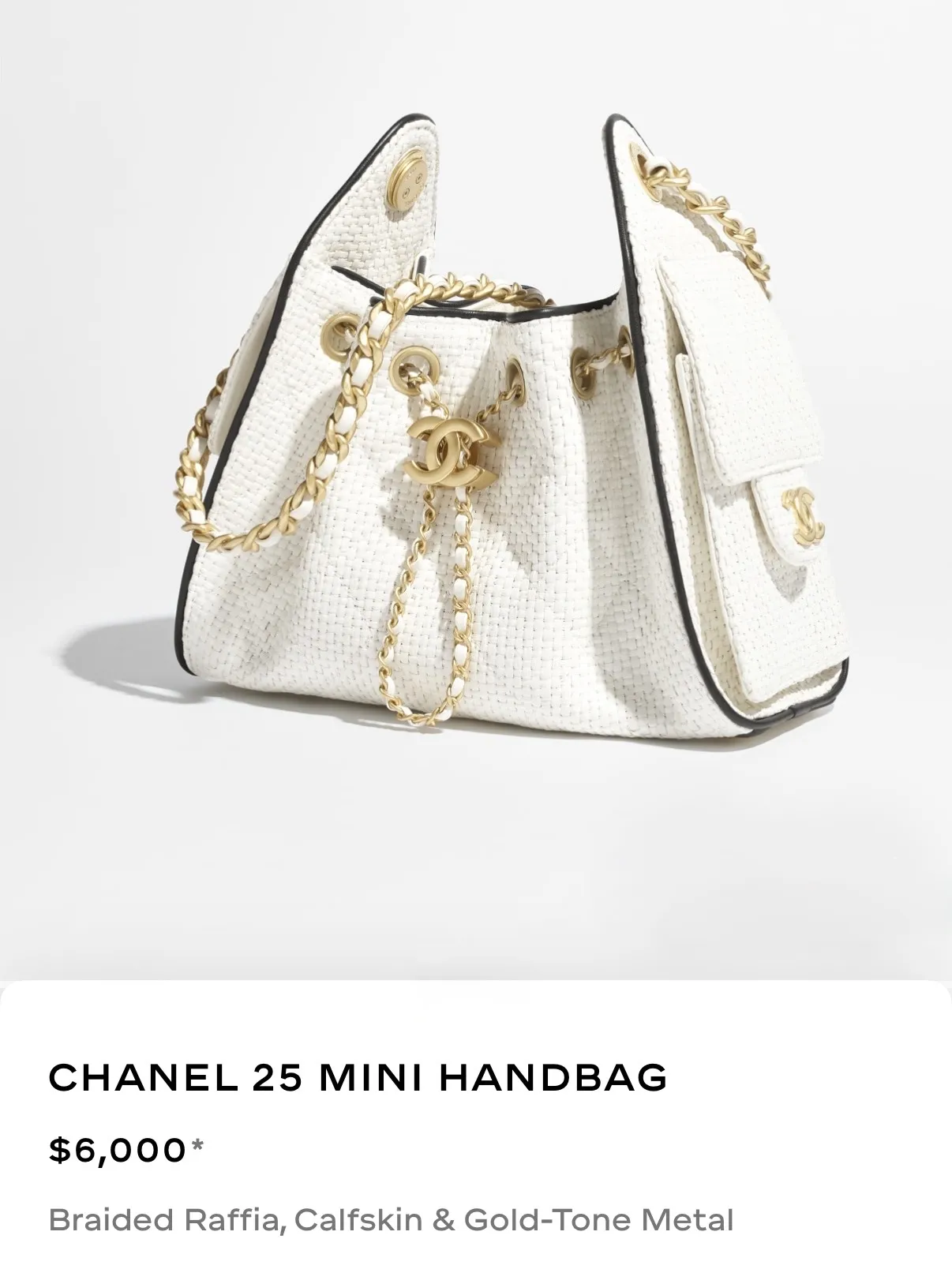 Chanel 25 Mini in white braided raffia with calfskin trim, listed at $6,000