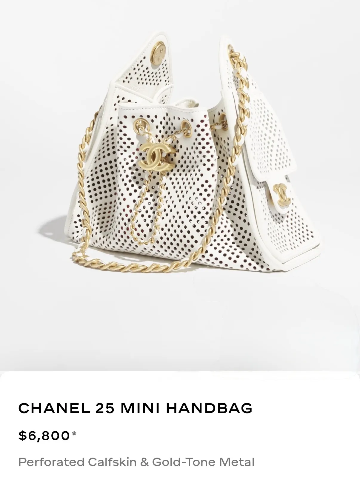 Chanel 25 Mini in white perforated calfskin, carrying the perforation premium at $6,800