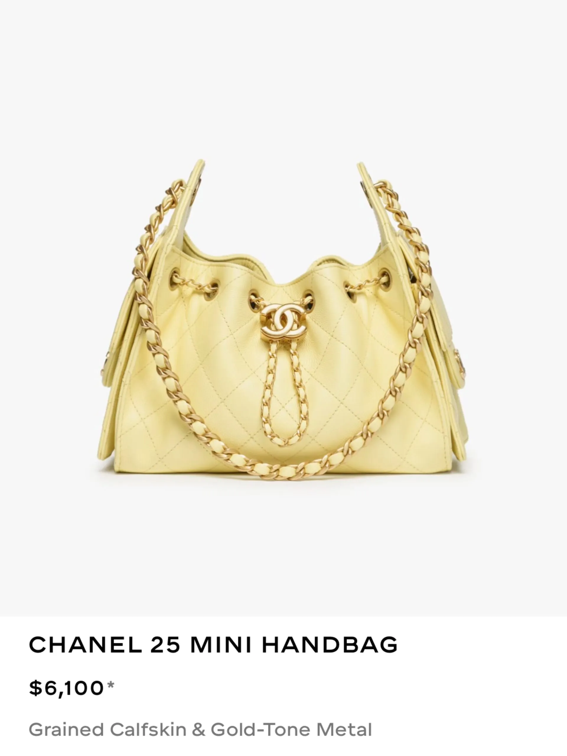Chanel 25 Mini in pale yellow grained calfskin with gold-tone hardware, listed at $6,100