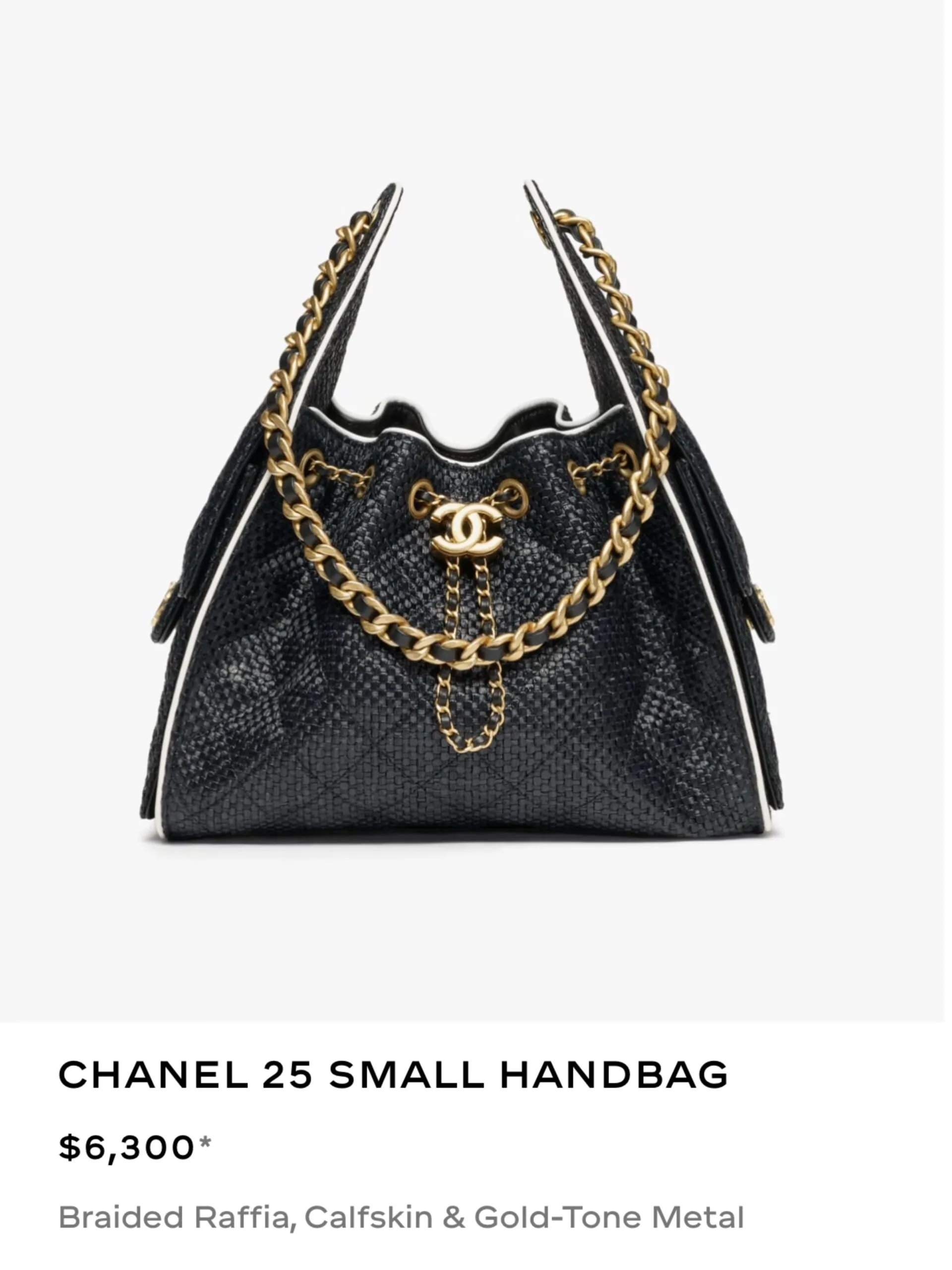 Chanel 25 Small in black braided raffia with white calfskin trim, listed at $6,300