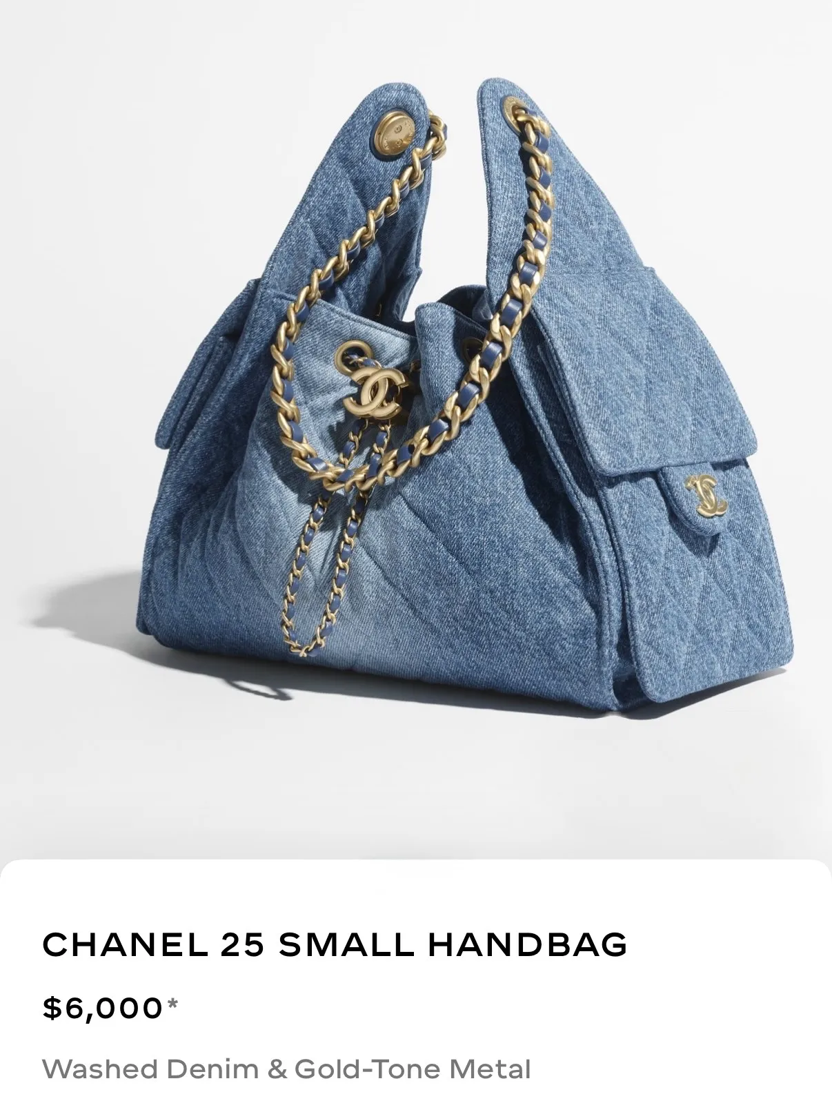 Chanel 25 Small in blue washed denim with gold-tone chain, listed at $6,000