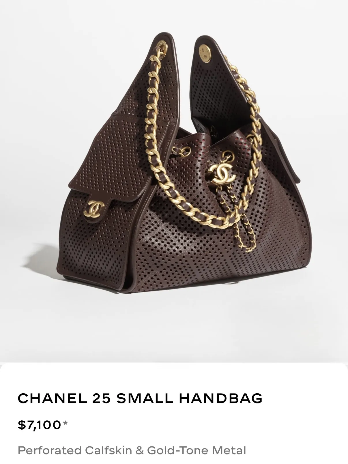 Chanel 25 Small in dark brown perforated calfskin, listed at $7,100