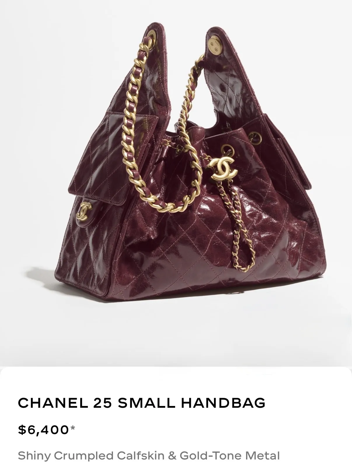 Chanel 25 Small in burgundy shiny crumpled calfskin, priced level with grained at $6,400