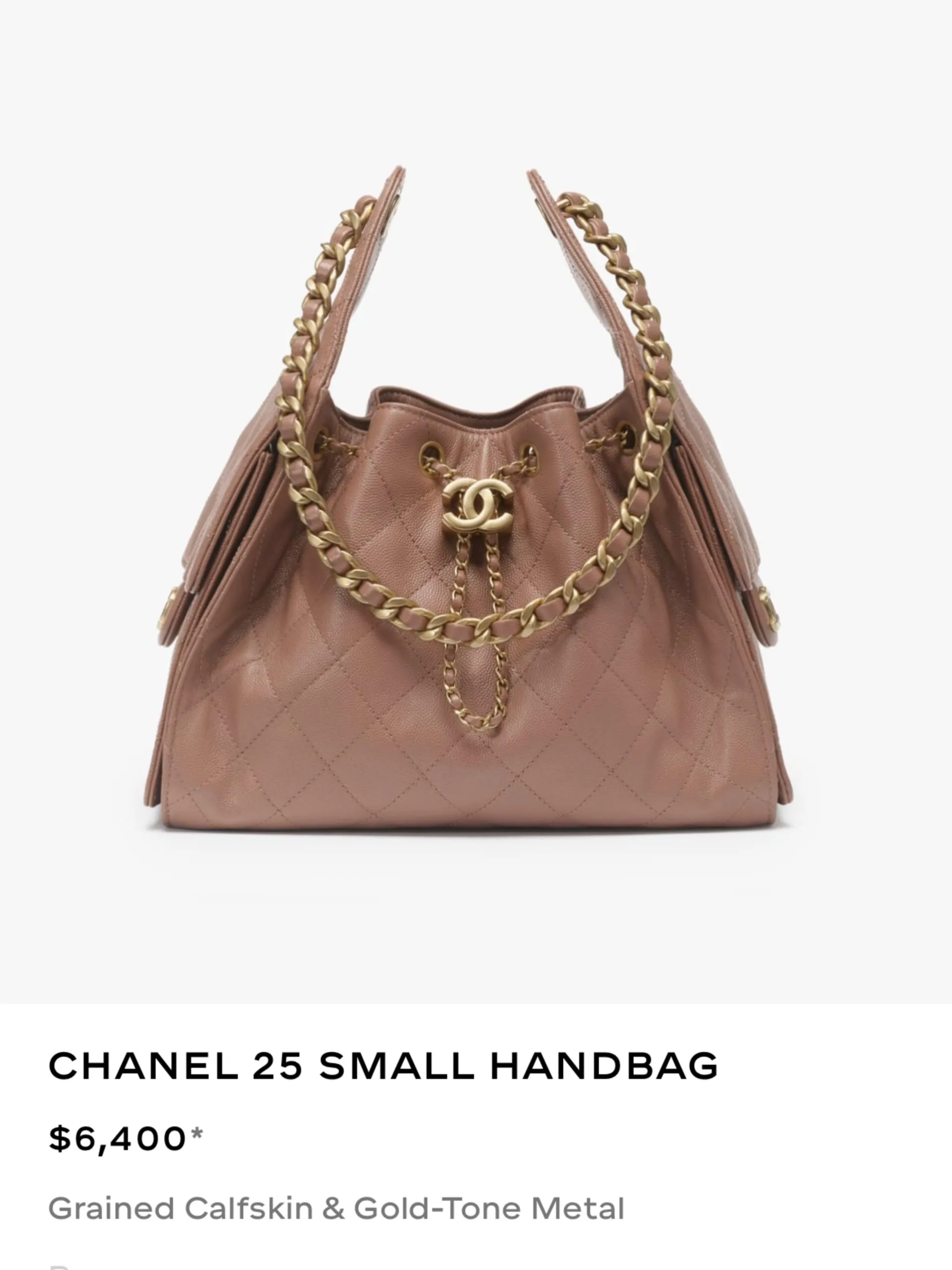 Chanel 25 Small in dusty rose grained calfskin with gold-tone chain, listed at $6,400