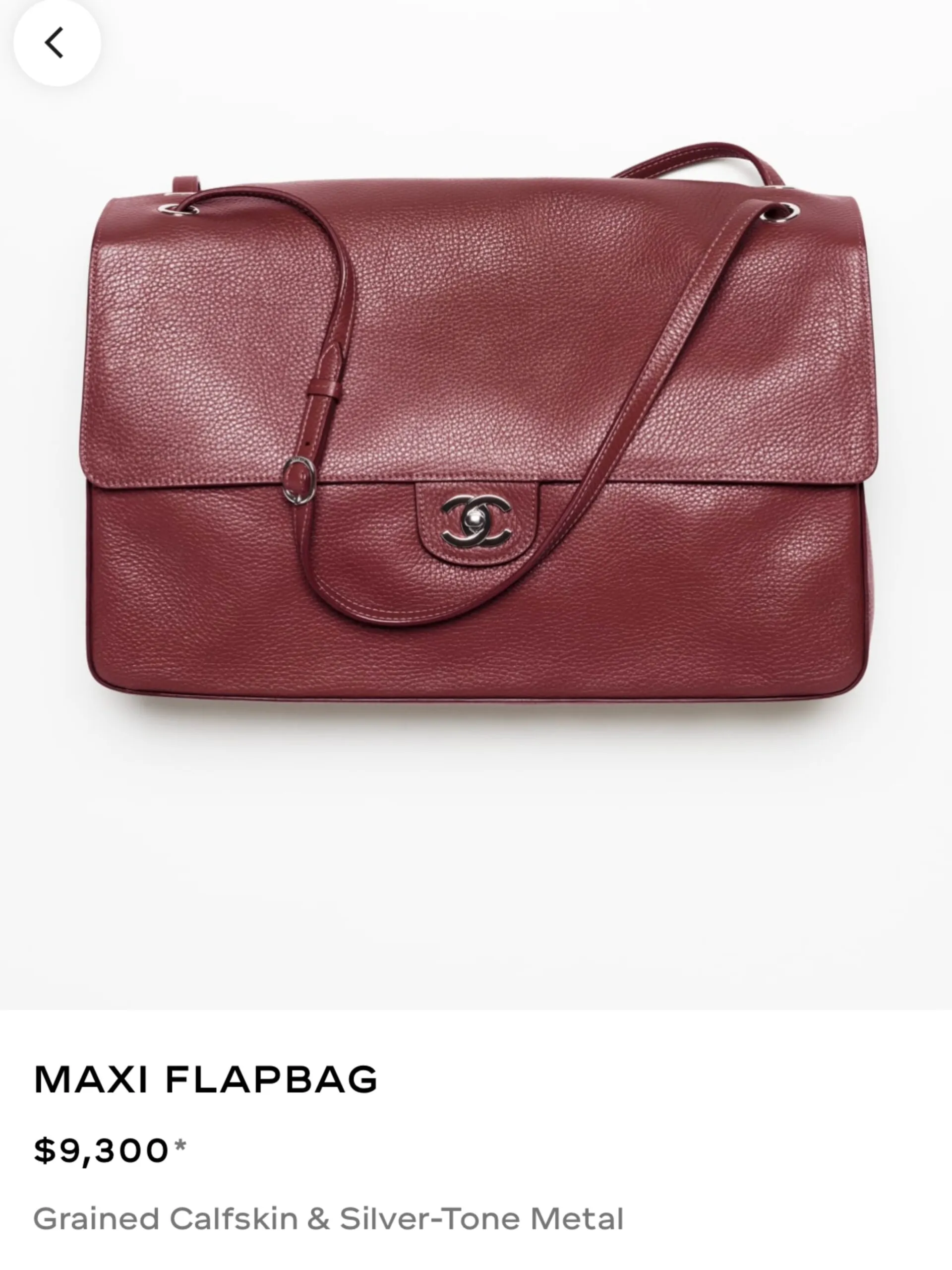 Chanel Maxi Flapbag in burgundy grained calfskin with silver-tone hardware, listed at $9,300