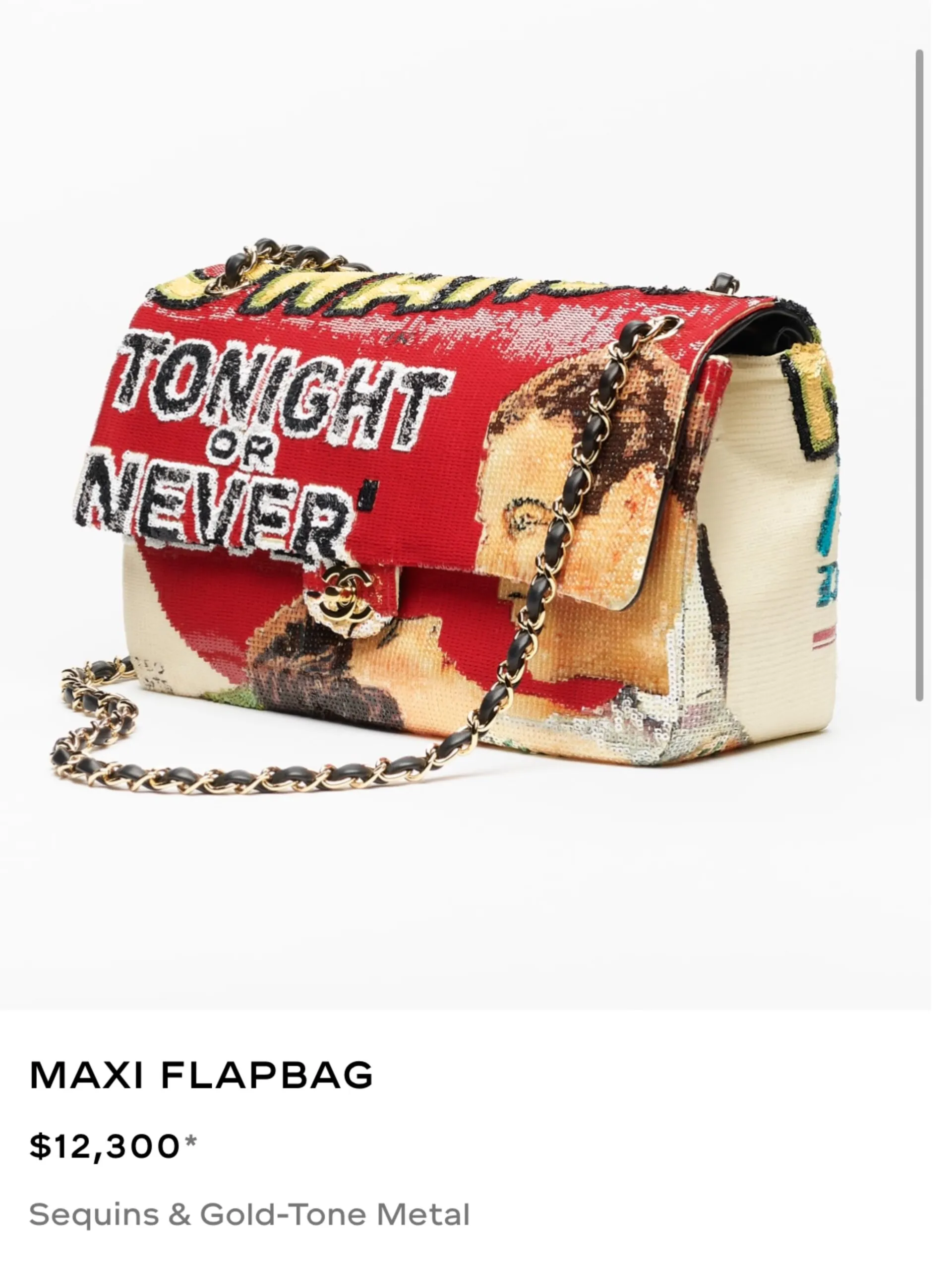 Chanel Maxi Flapbag embroidered in sequins with a pop-art comic motif, listed at $12,300