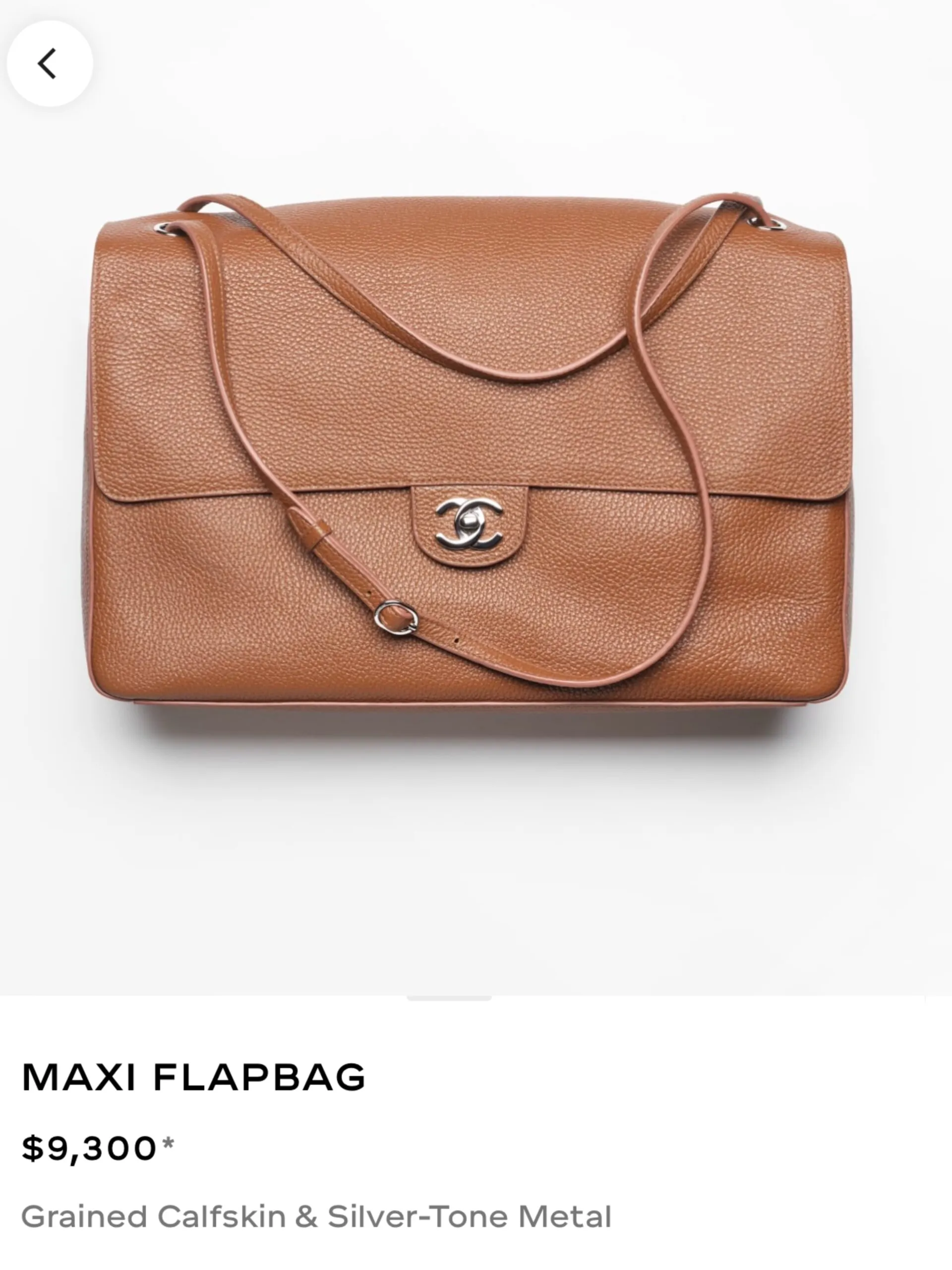 Chanel Maxi Flapbag in tan grained calfskin with silver-tone hardware, listed at $9,300