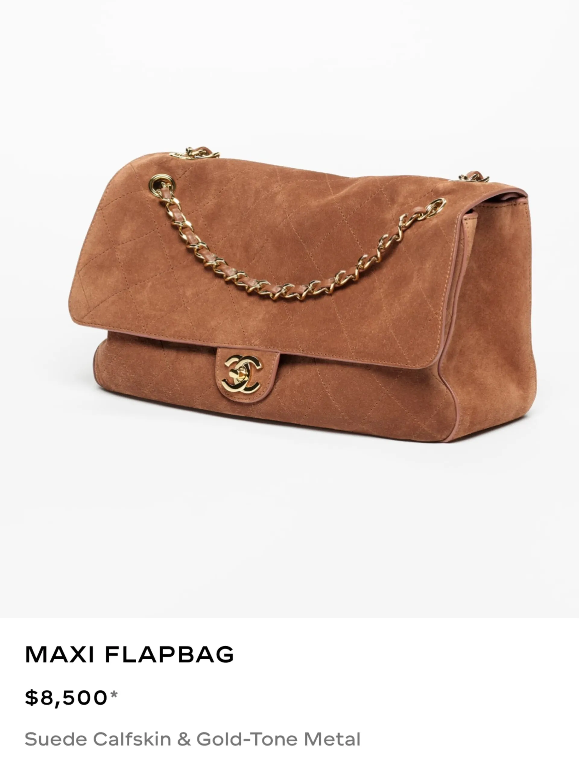 Chanel Maxi Flapbag in tan suede calfskin with gold-tone hardware, listed at $8,500