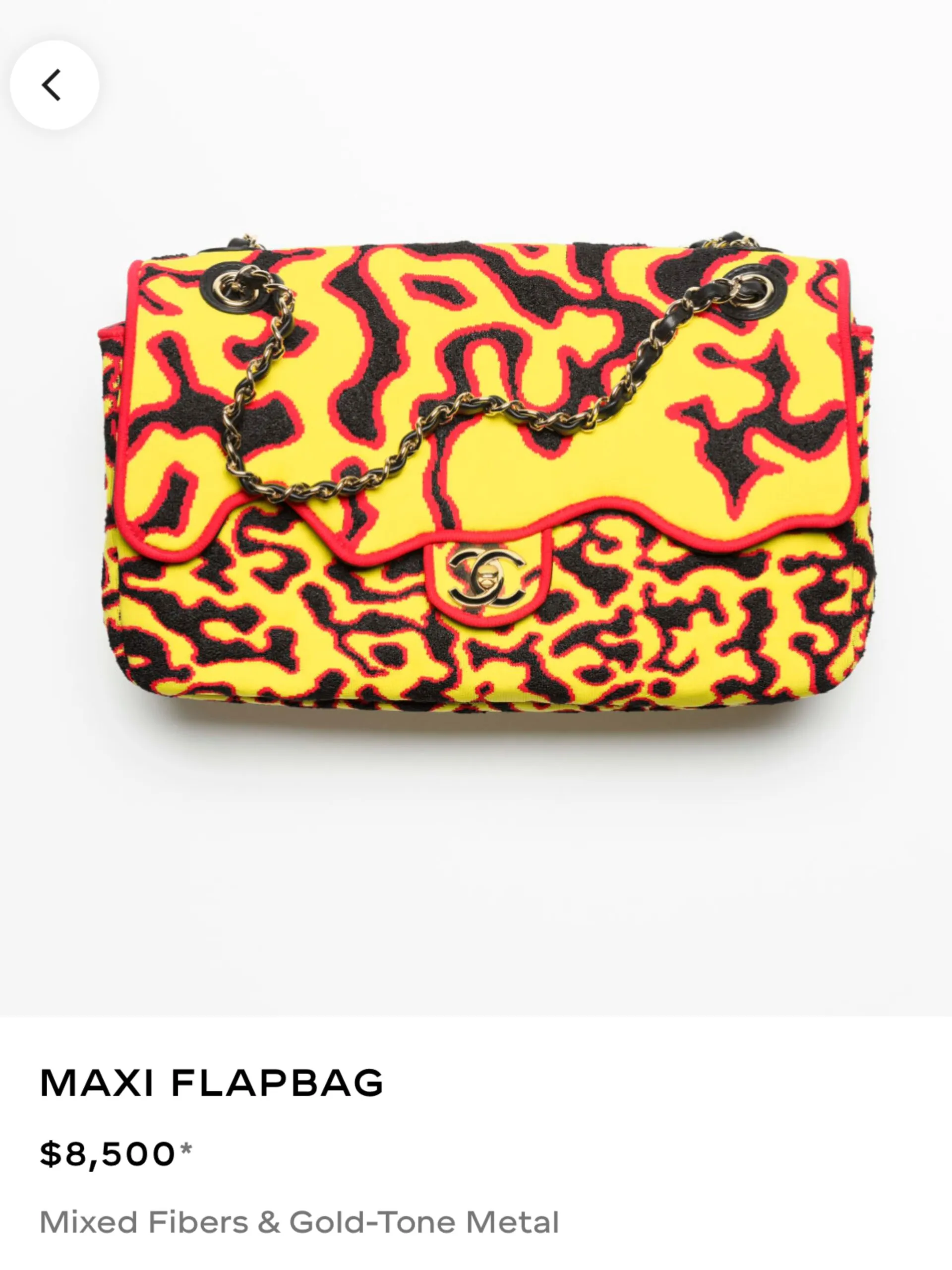 Chanel Maxi Flapbag in yellow and red mixed fibres with gold-tone hardware, listed at $8,500