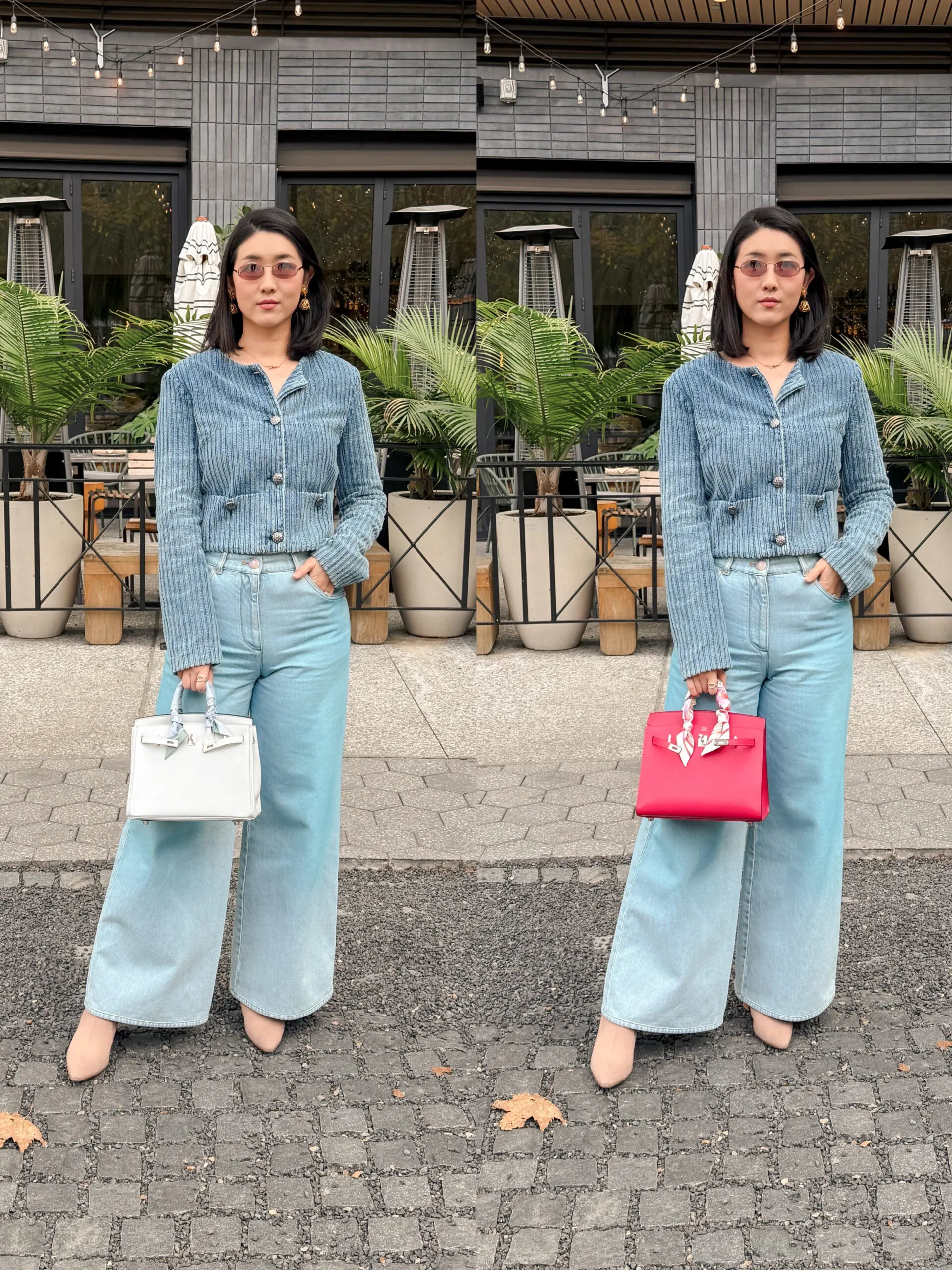 The same denim outfit styled twice, once with the white Retourne Birkin and once with the rose Sellier