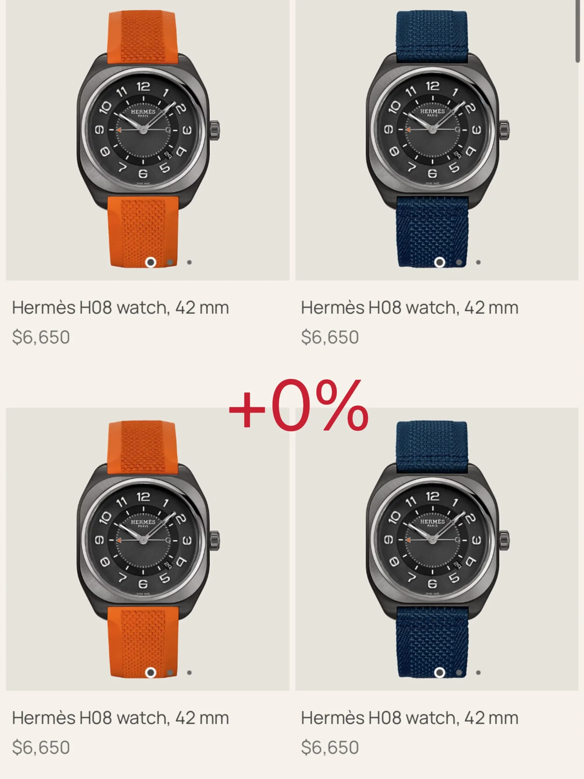 Hermès H08 42 mm sport watches unchanged at $6,650 across every strap colour