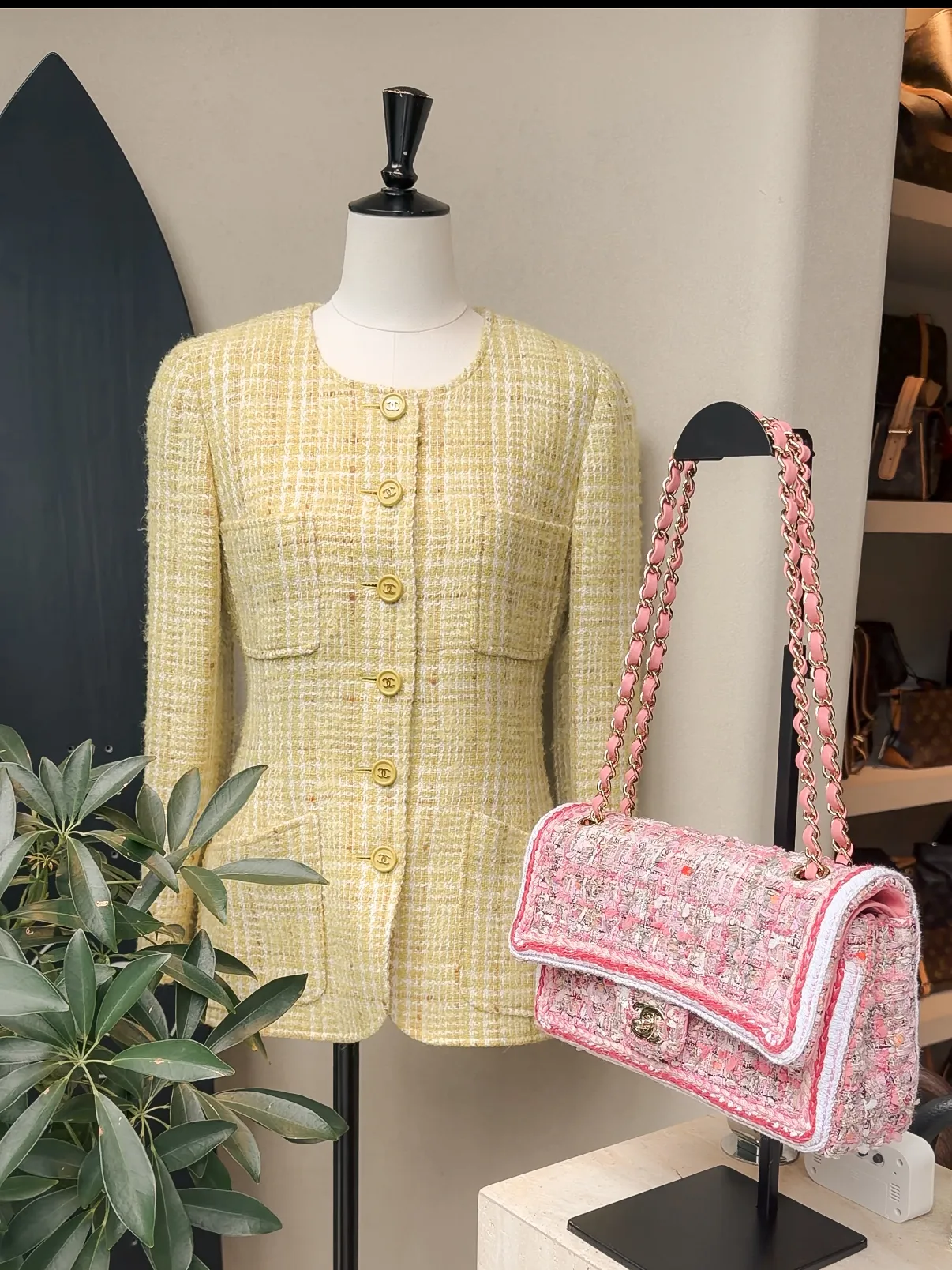 Vintage Chanel jacket and pink tweed flap bag