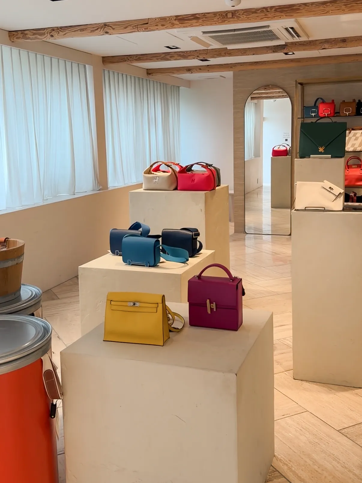 Colorful Hermès bags inside a Tokyo vintage boutique